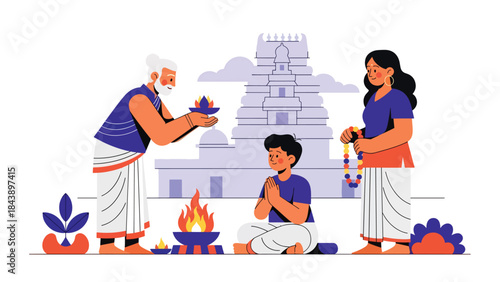 Flat vector illustration of people participating in a Hindu spiritual ceremony, sacred rituals and tradition theme, ideal for cultural and religious visuals