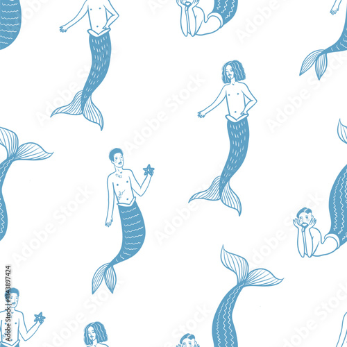 Mermaid man ocean fantasy pattern with sea creatures vector seamless nautical illustration design