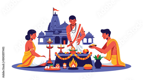 Flat vector illustration of people participating in a Hindu spiritual ceremony, sacred rituals and tradition theme, ideal for cultural and religious visuals