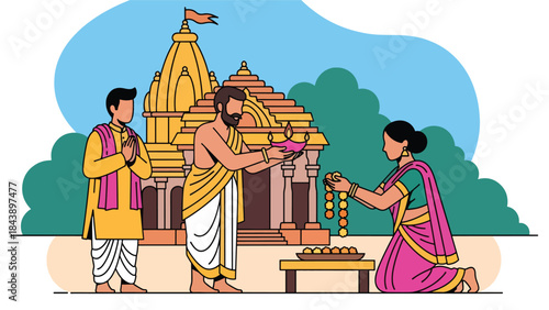 Flat vector illustration of people participating in a Hindu spiritual ceremony, sacred rituals and tradition theme, ideal for cultural and religious visuals
