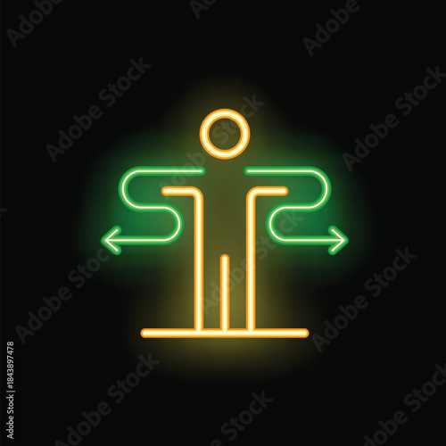 Neon sign representing a person choosing between two options, making a decision and choosing a direction in life