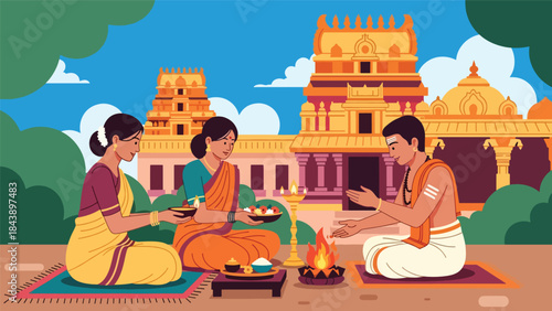Flat vector illustration of people participating in a Hindu spiritual ceremony, sacred rituals and tradition theme, ideal for cultural and religious visuals