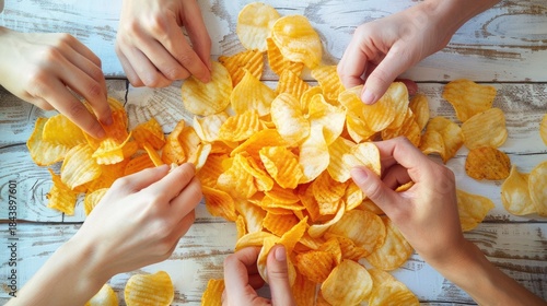 Hands reaching for potato chips on wooden table