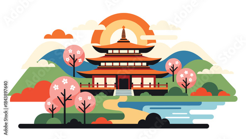 Modern flat vector illustration of a Buddhist temple in a peaceful landscape, spiritual travel and cultural heritage theme ideal for tourism and faith visuals