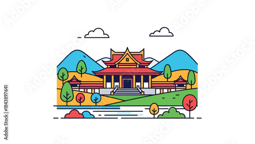 Modern flat vector illustration of a Buddhist temple in a peaceful landscape, spiritual travel and cultural heritage theme ideal for tourism and faith visuals