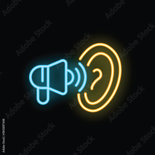 Neon icon of a megaphone sending sound waves to an ear is glowing on a black background
