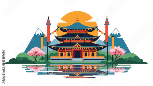 Modern flat vector illustration of a Buddhist temple in a peaceful landscape, spiritual travel and cultural heritage theme ideal for tourism and faith visuals