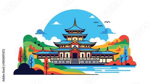 Modern flat vector illustration of a Buddhist temple in a peaceful landscape, spiritual travel and cultural heritage theme ideal for tourism and faith visuals