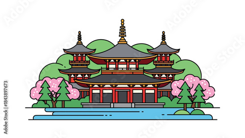 Modern flat vector illustration of a Buddhist temple in a peaceful landscape, spiritual travel and cultural heritage theme ideal for tourism and faith visuals