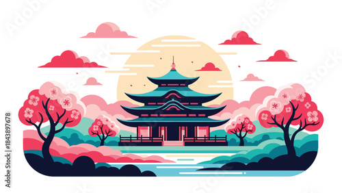 Modern flat vector illustration of a Buddhist temple in a peaceful landscape, spiritual travel and cultural heritage theme ideal for tourism and faith visuals
