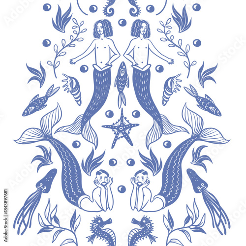 Mermaid man ocean fantasy border with sea creatures vector nautical illustration design