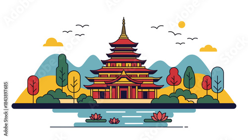 Modern flat vector illustration of a Buddhist temple in a peaceful landscape, spiritual travel and cultural heritage theme ideal for tourism and faith visuals