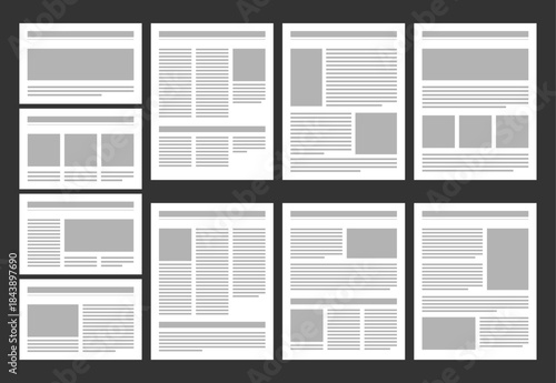 A vector set of monochromatic newspaper page schematics displays various grid.