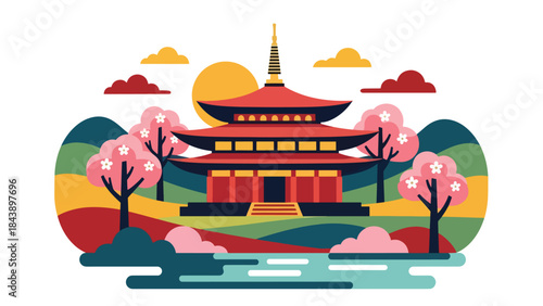 Modern flat vector illustration of a Buddhist temple in a peaceful landscape, spiritual travel and cultural heritage theme ideal for tourism and faith visuals
