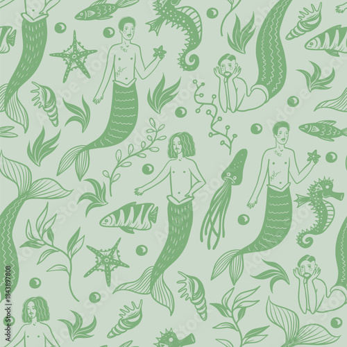 Mermaid man ocean fantasy pattern with sea creatures vector seamless nautical illustration design