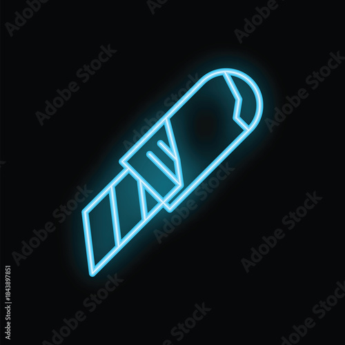 Blue neon sign of a utility knife, a tool for cutting, a classic stationery item found in any office