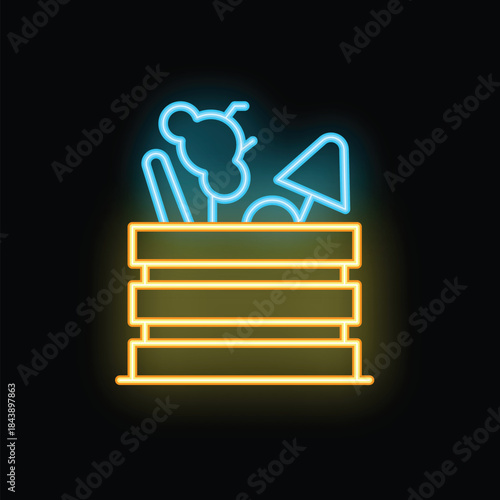Glowing neon line icon of fresh vegetables growing in a wooden crate, concept of local market or organic food