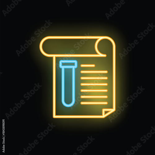 Glowing neon icon representing a medical test result document with a test tube, symbolizing healthcare and laboratory analysis