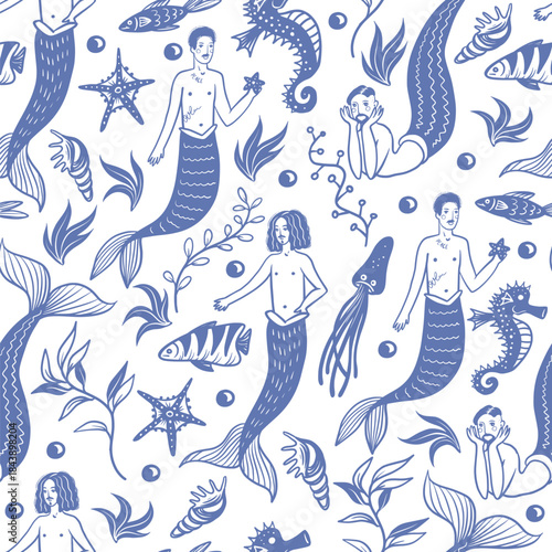 Mermaid man ocean fantasy pattern with sea creatures vector seamless nautical illustration design