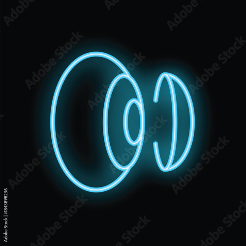 Blue neon sign is glowing on a black background, showing a cross section of the human eye