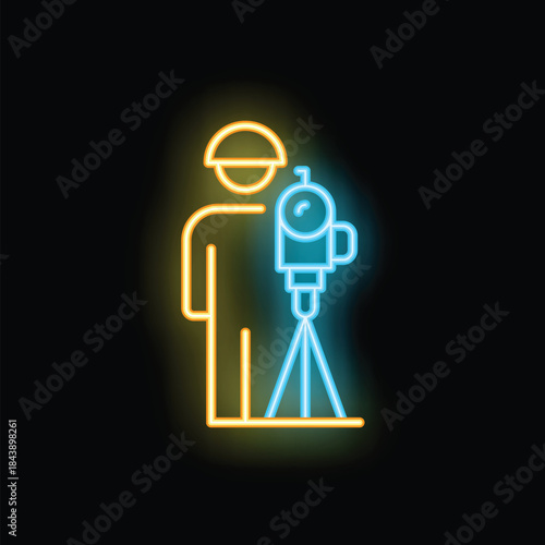 Neon sign of a surveyor using a theodolite on a tripod, representing land surveying and geodetic measurements