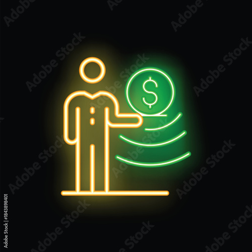Neon sign of a businessman holding a dollar coin representing contactless payment