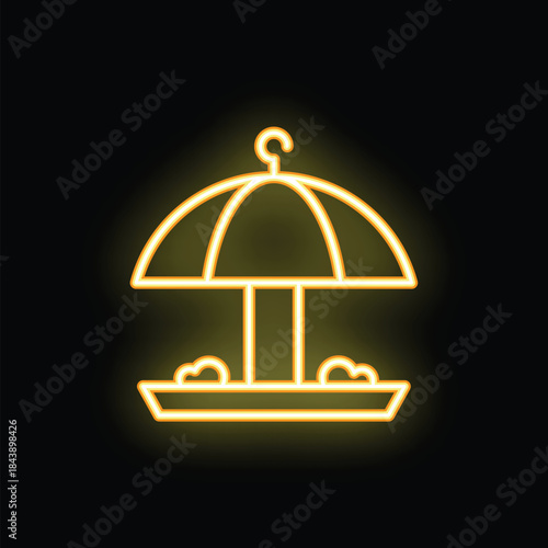 Neon yellow glowing icon of a bird feeder with an umbrella on a black background