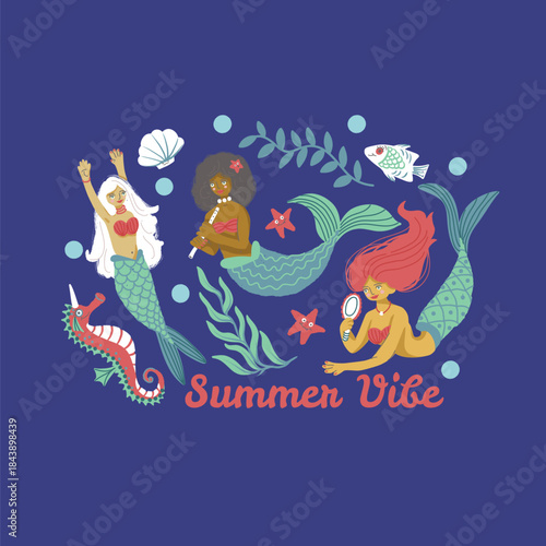 Mermaid isolated vector illustration set with ocean elements, playful characters, sea fantasy decor