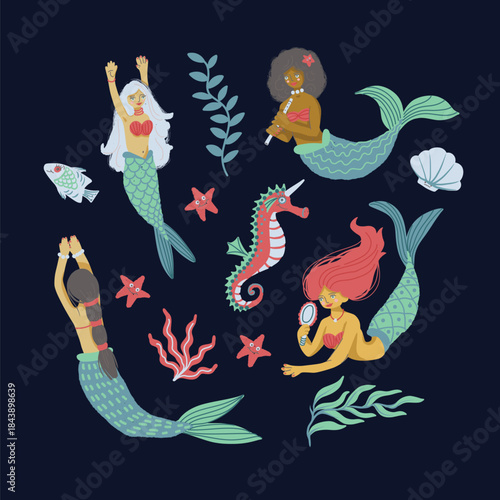 Mermaid isolated vector illustration set with ocean elements, playful characters, sea fantasy decor
