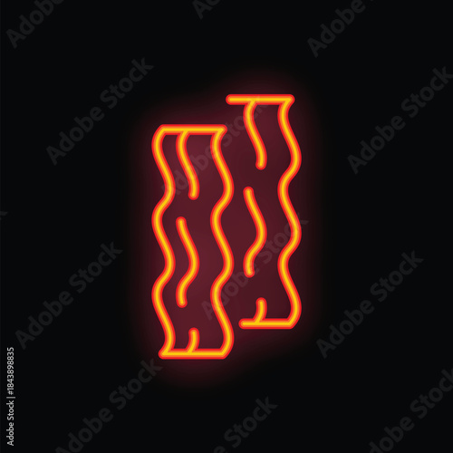 Bright red and yellow neon sign representing two slices of bacon, glowing on a black background