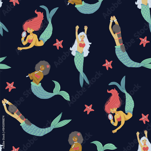 Seamless mermaid vector pattern with playful ocean elements, fantasy underwater girls and sea creatures