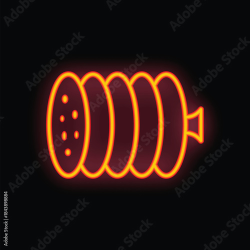 Neon sign illustrating sliced salami on a black background