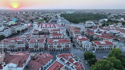 Aerial view of the Mevlana Museum and Sultan Selim Mosque in Konya city center. 