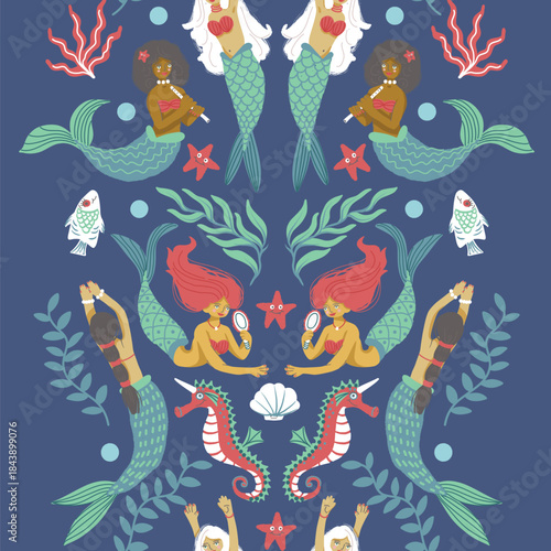 Seamless mermaid vector pattern with playful ocean elements, fantasy underwater girls and sea creatures