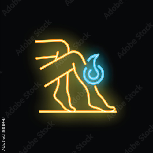 Neon sign depicting legs with a blue flame on the knee, symbolizing pain and inflammation, often associated with arthritis or injury