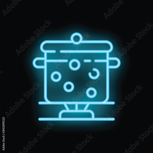Bright blue neon sign depicting a pot cooking food on the stove top burner