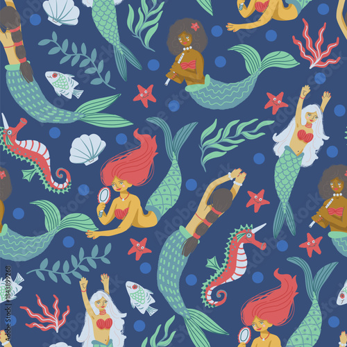 Seamless mermaid vector pattern with playful ocean elements, fantasy underwater girls and sea creatures