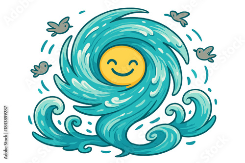 Cheerful Hurricane Dance. Hurricane dance with swirling cheerful waves, eye of the storm smiling, and birds flying in playful