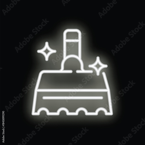 White neon style icon of a cleaning brush glowing on a black background