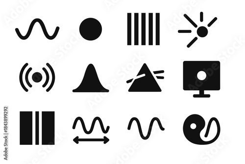 Wave-Particle Duality Icons. Solid style icons of Wave-particle duality: wave crest, particle dot, interference fringe, photon
