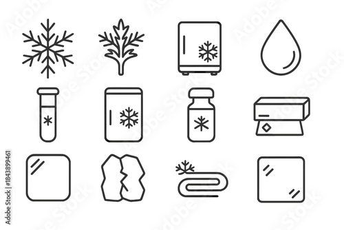 Frozen Material Icons. Line style icons of frozen materials: ice crystal, frost pattern, snowflake, frozen droplet; frosted tube,