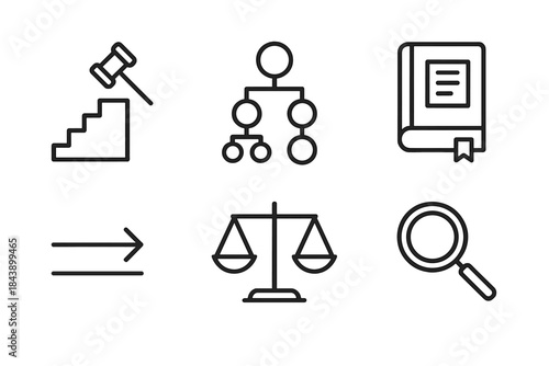 Legal Methods Icons. Line style icons of Legal Reasoning Methods: precedent staircase, logical argument tree, case analysis book,