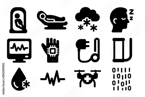 Stasis Technology Icons. Solid style icons of Stasis Technology: Cryo Pod, Cryo Bed, Frost Cloud, Sleeping Patient, Vital Screen,