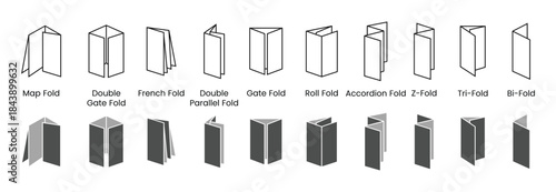 Types of Brochure Folds Black Line Icon Set, Paper Folding Styles Vector Illustration