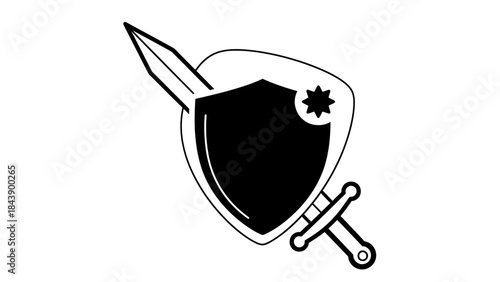 Black and white shield and sword emblem with star on white background Keywords: shield, sword, emblem, symbol, medieval
