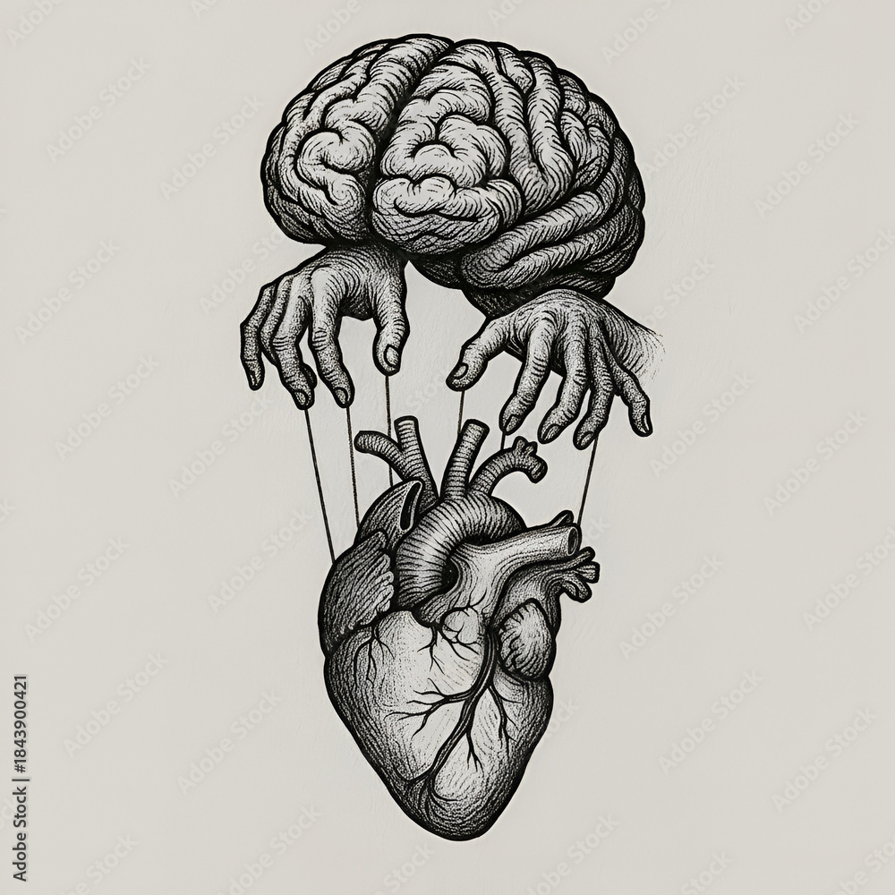 Fototapeta premium Surreal Vintage Engraving of Brain Controlling Heart with Puppet Strings Conceptual Illustration