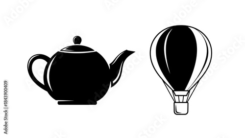 Black silhouette of a teapot and a hot air balloon on a white background icon