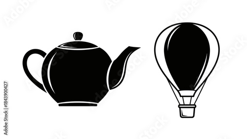 Black silhouette of a teapot and a hot air balloon side by side on white background Keywords: teapot, hot air balloon