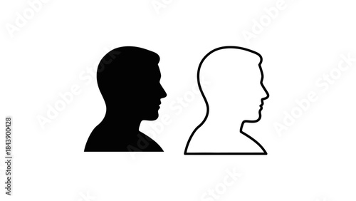Black Silhouette Profile of Man Next to Outline Profile Keywords: man, profile, silhouette, icon, symbol, graphic, design