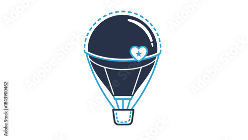 Blue Hot Air Balloon with Heart and Star Detail on White Background Keywords: hot air balloon, airship, travel, adventure